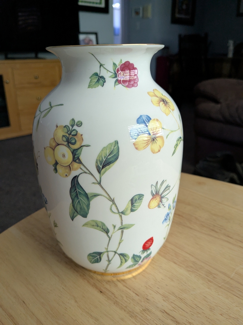 Floral Bone China Vase in White with Multicolor Botanical Print